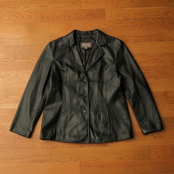 Wilsons Leather Black Blazer Jacket Womens XL Button Front Tailored Classic Fall